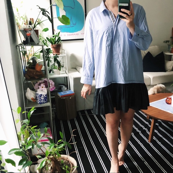 ZARA Blue Striped Button-Down Collared Dress with Leather Skirt - Picture 3 of 9